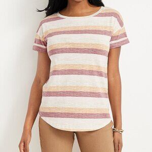 👚 Maurices 24/7 Dawson Maroon Yellow Pink White Striped Drop Shoulder Tee Large